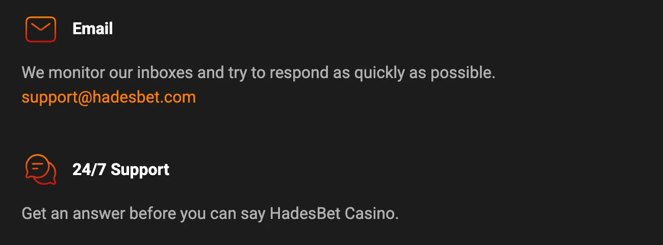 Customer support and 24/7 help center at HadesBet Casino
